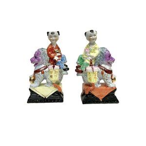 Statues Chinese Twins Riding Foo Dog Couple Fu Lion Figurine Oriental Vintage De